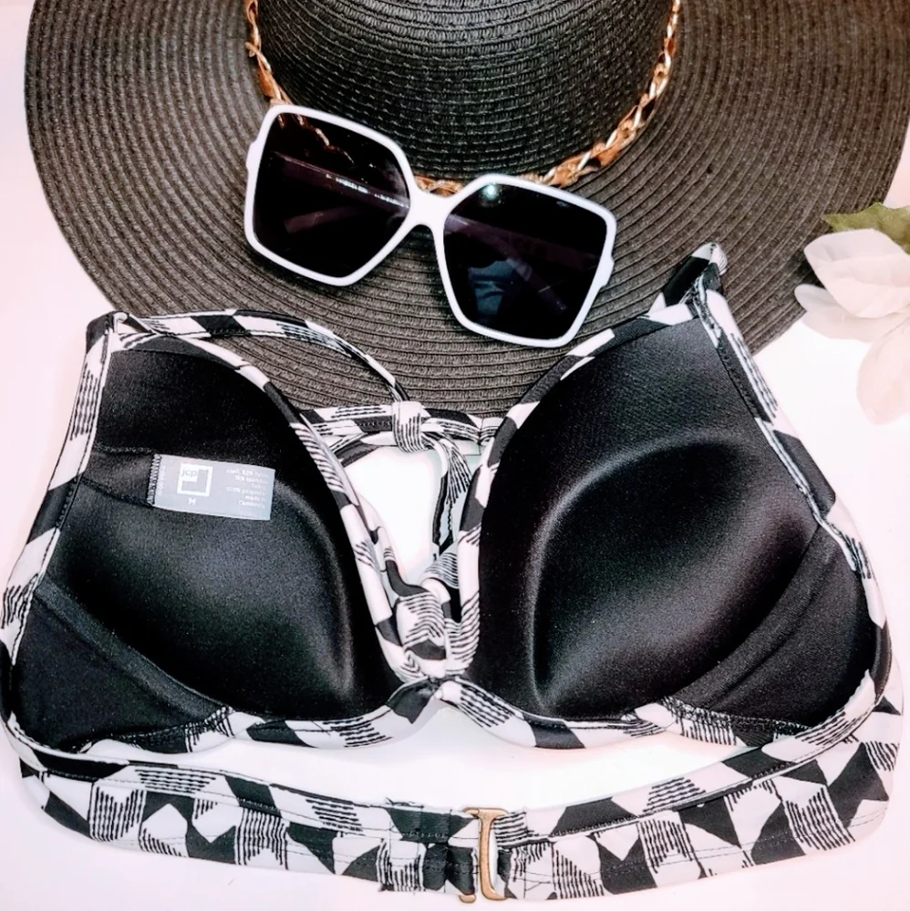 Bikini Top Black & White Padded Push-up  M - Picture 3 of 4